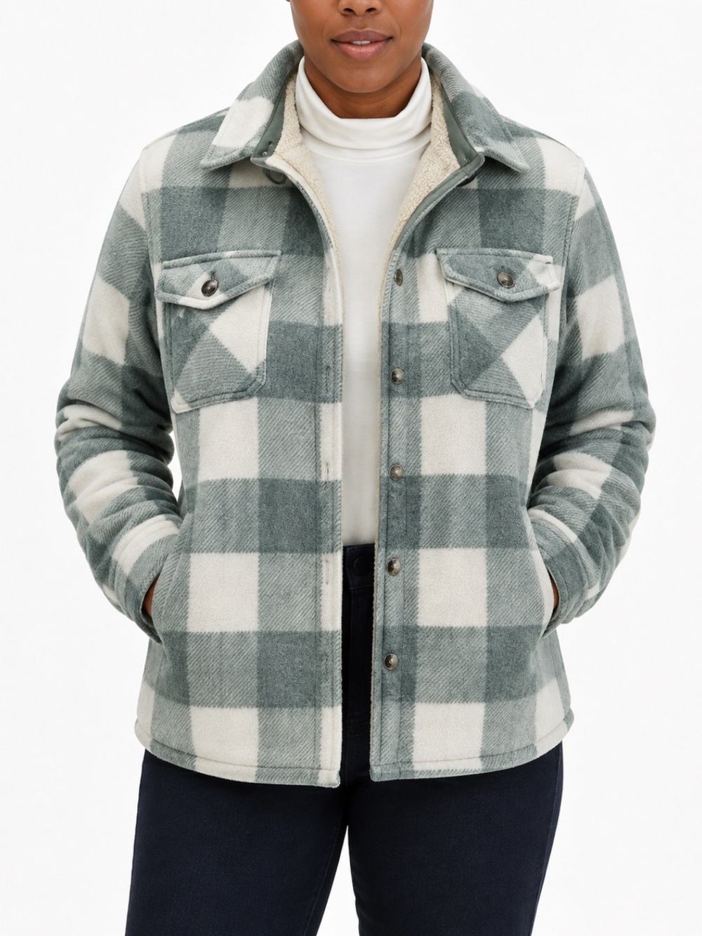 Sage Collective Shacket Plaid Sherpa Green and White XXL